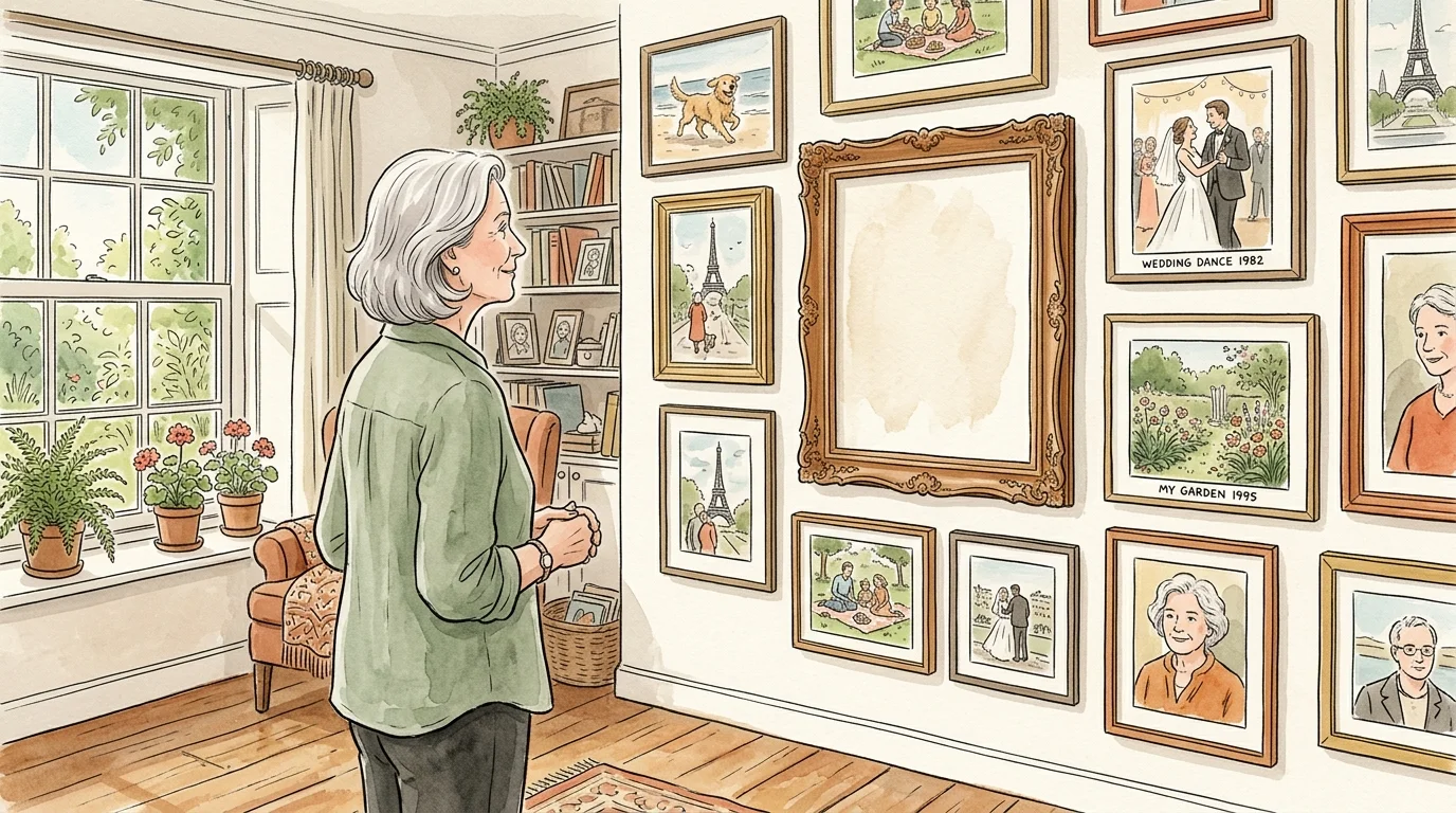 A warm ink and watercolor illustration of an older woman looking at a gallery wall of framed memories, with one frame left naturally empty.