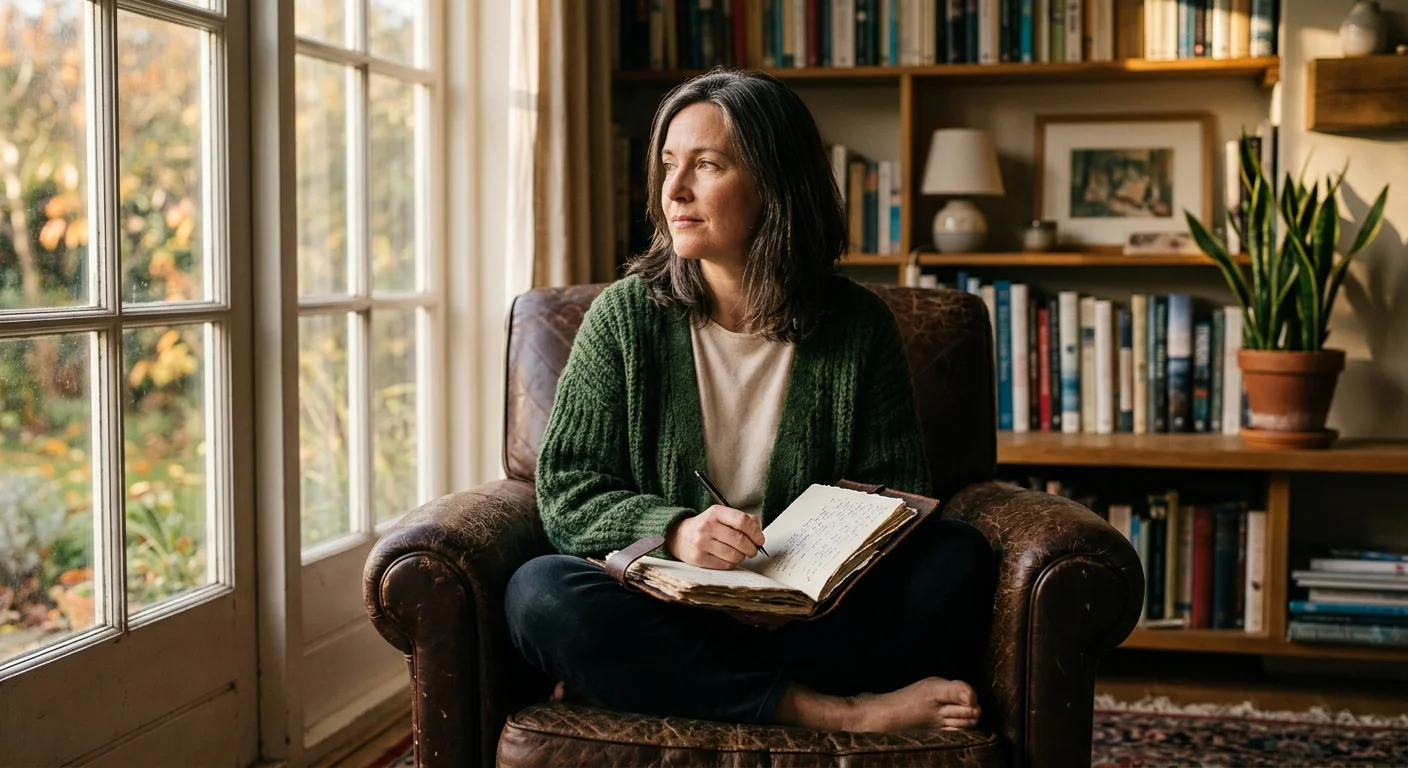 A warm, natural photo of a person journaling in a leather chair by a sunny window, looking thoughtful and calm.