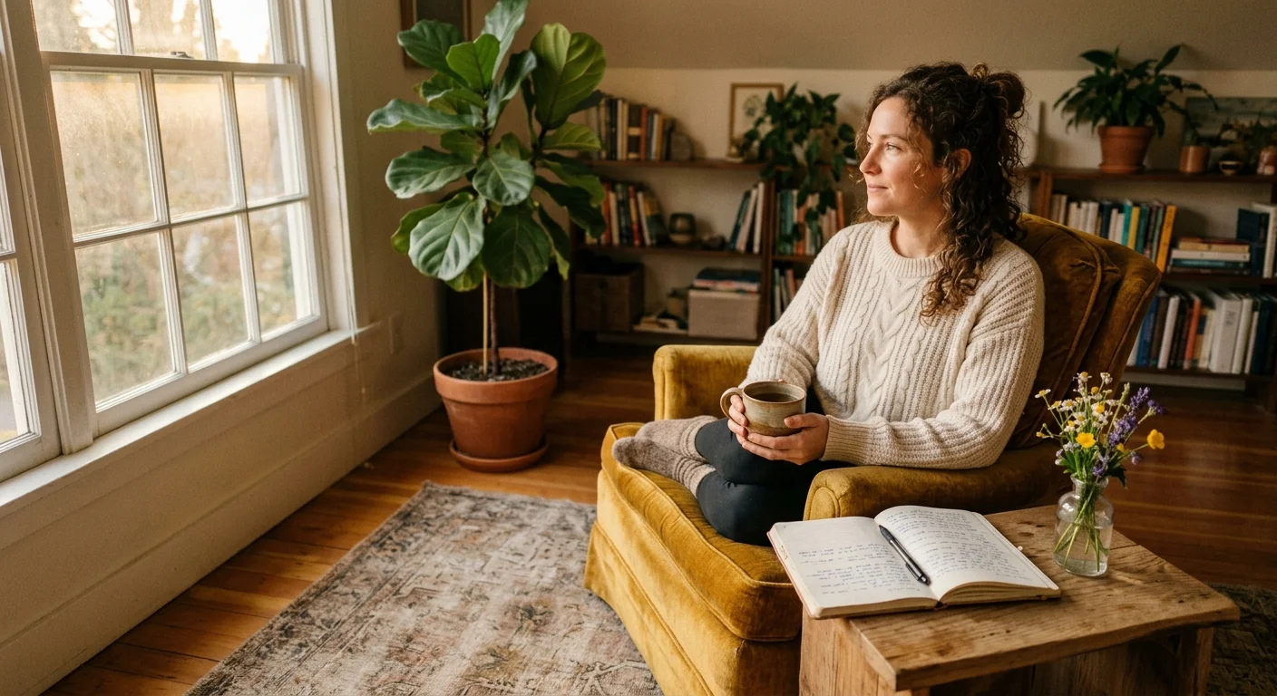 A warm, peaceful photograph of a person sitting in a cozy armchair next to a window in a therapy office, holding a mug of tea.