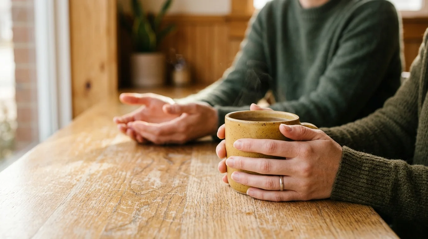 A warm, shallow-focus photograph of supportive hands on a wooden table next to a ceramic mug.
