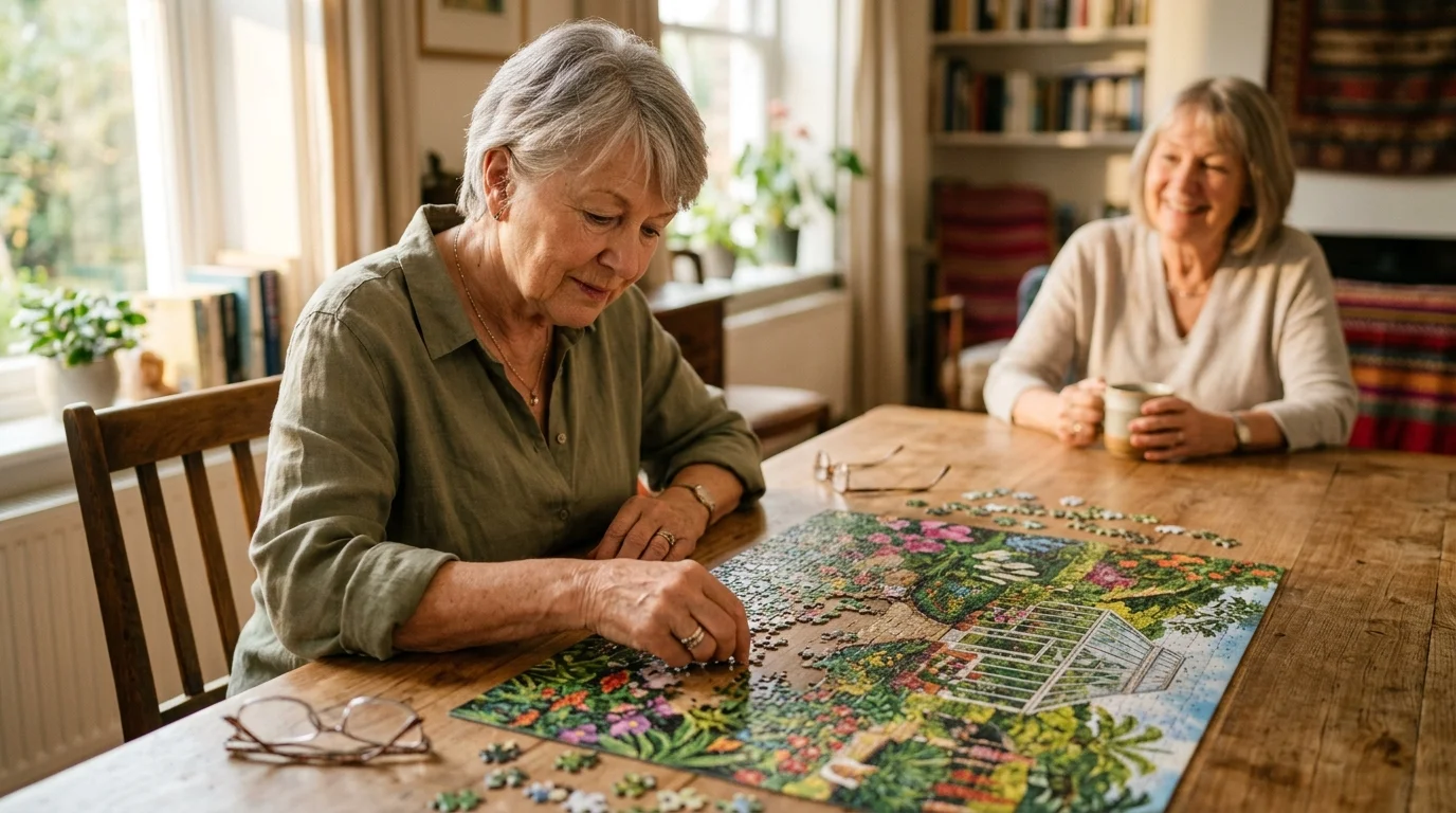 A warm, sunlit photograph of an older woman engaging her mind by working on a detailed jigsaw puzzle at a wooden table.