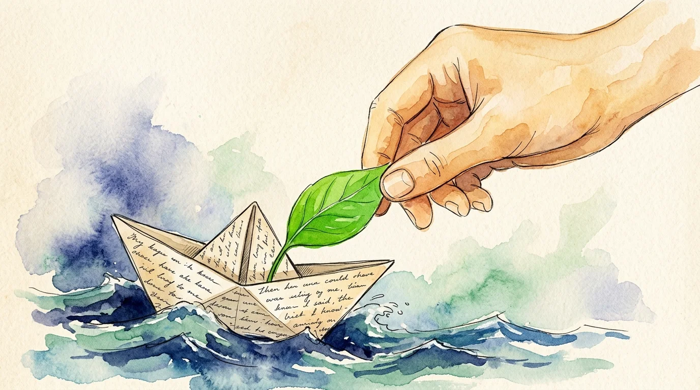 A watercolor illustration of a gentle hand offering a green leaf to a fragile paper boat tossing on dark ink-blue waves.