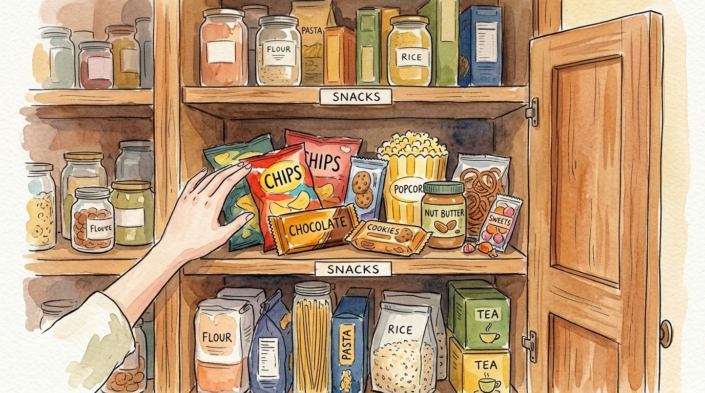 A watercolor illustration of a hand reaching hesitantly toward comfort food on a kitchen pantry shelf.