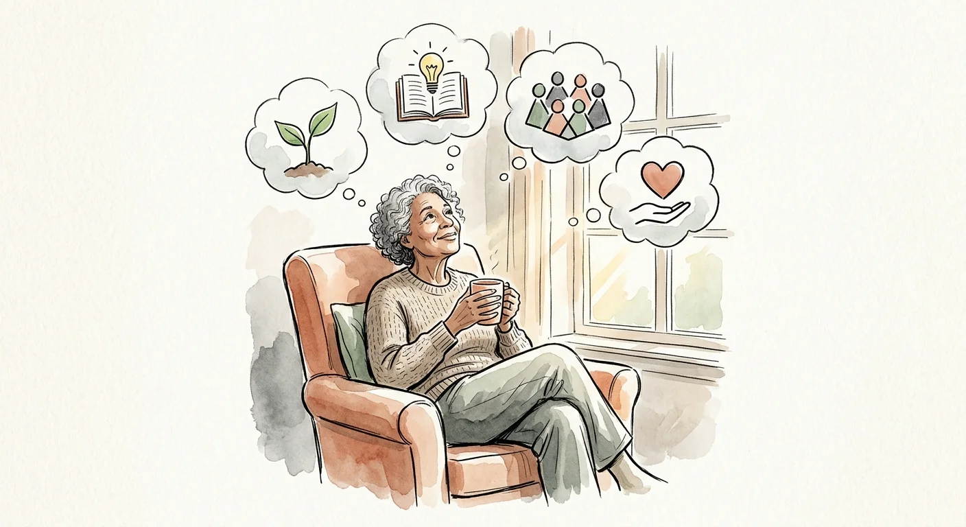A watercolor illustration of a retiree sitting in an armchair, reflecting on icons representing community, growth, and service.