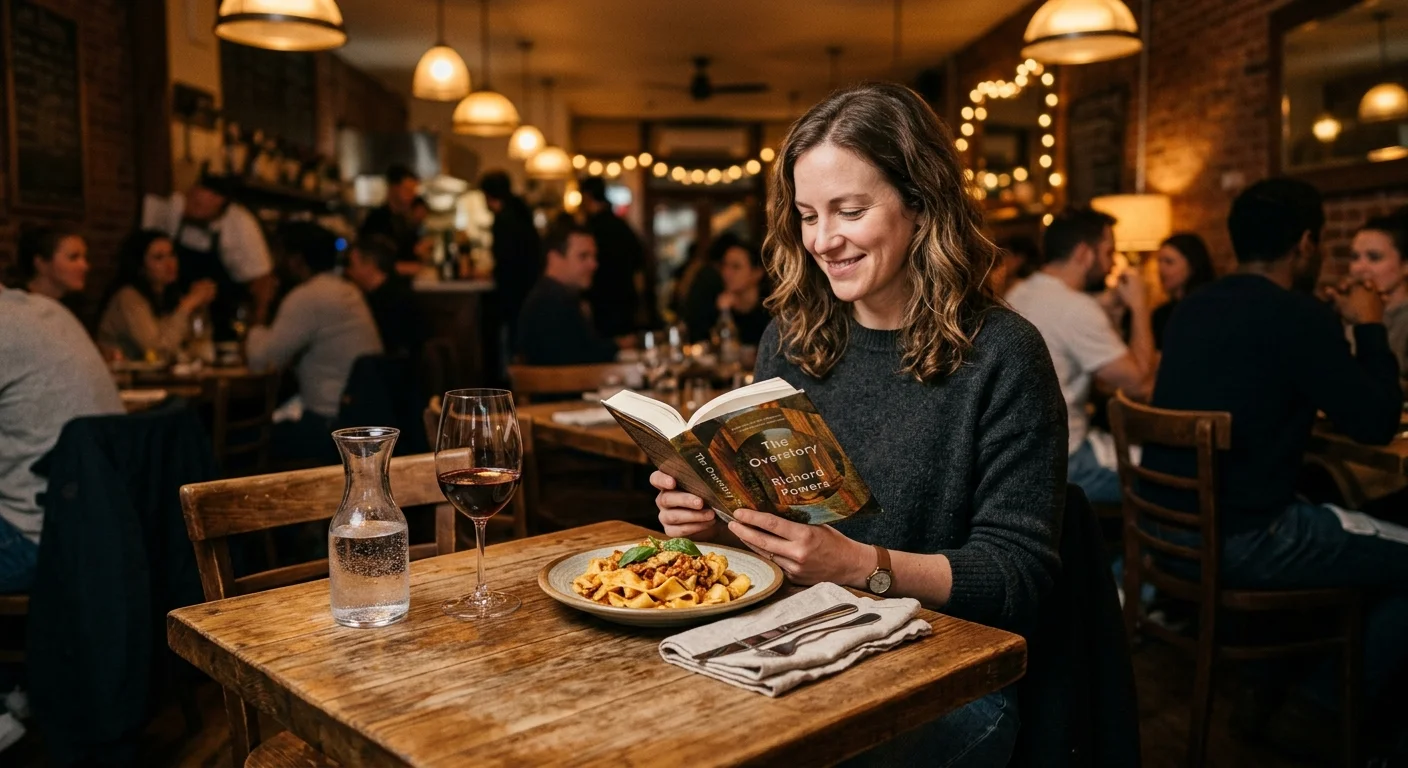 A woman contentedly reading a book while dining alone at a cozy restaurant table with a plate of pasta and wine.