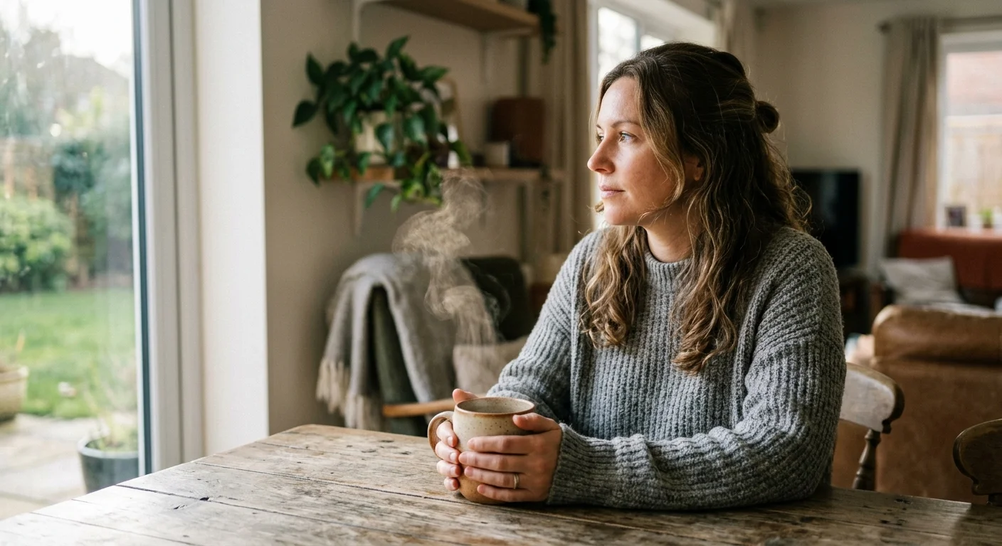 A woman in a cozy sweater sits at a wooden table holding a mug, taking a mindful breath in the morning light.