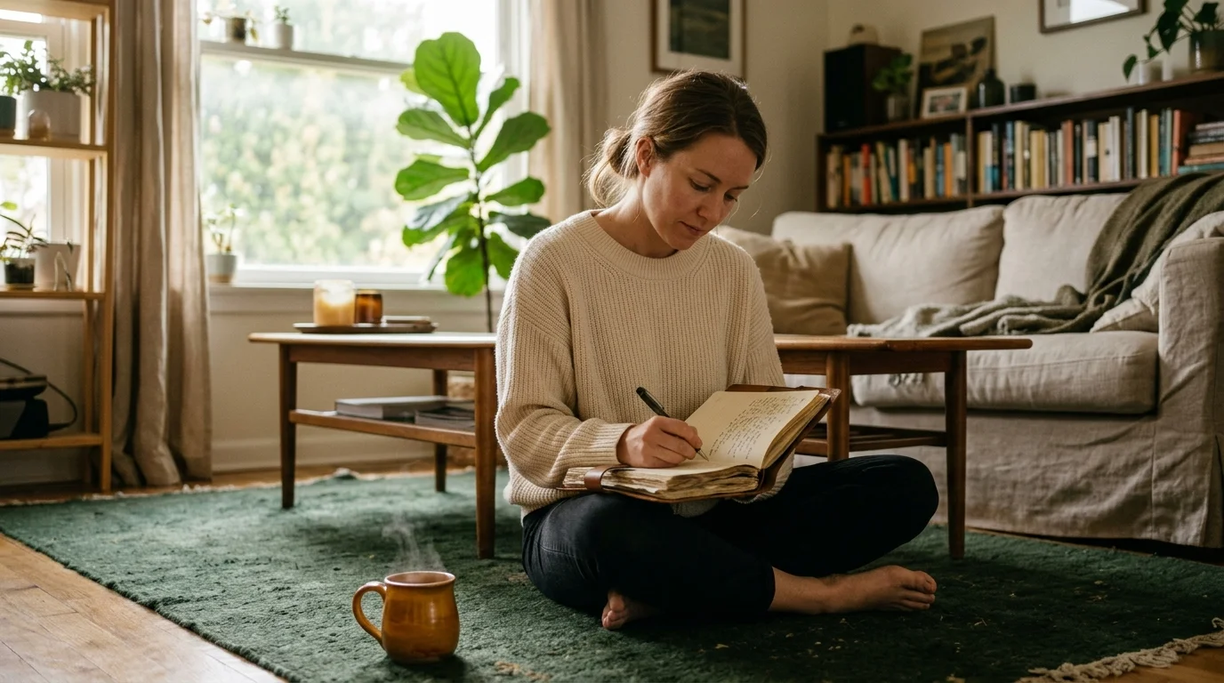 A woman in a cozy sweater sits on a green rug in a sunlit living room, writing thoughtfully in a leather journal.