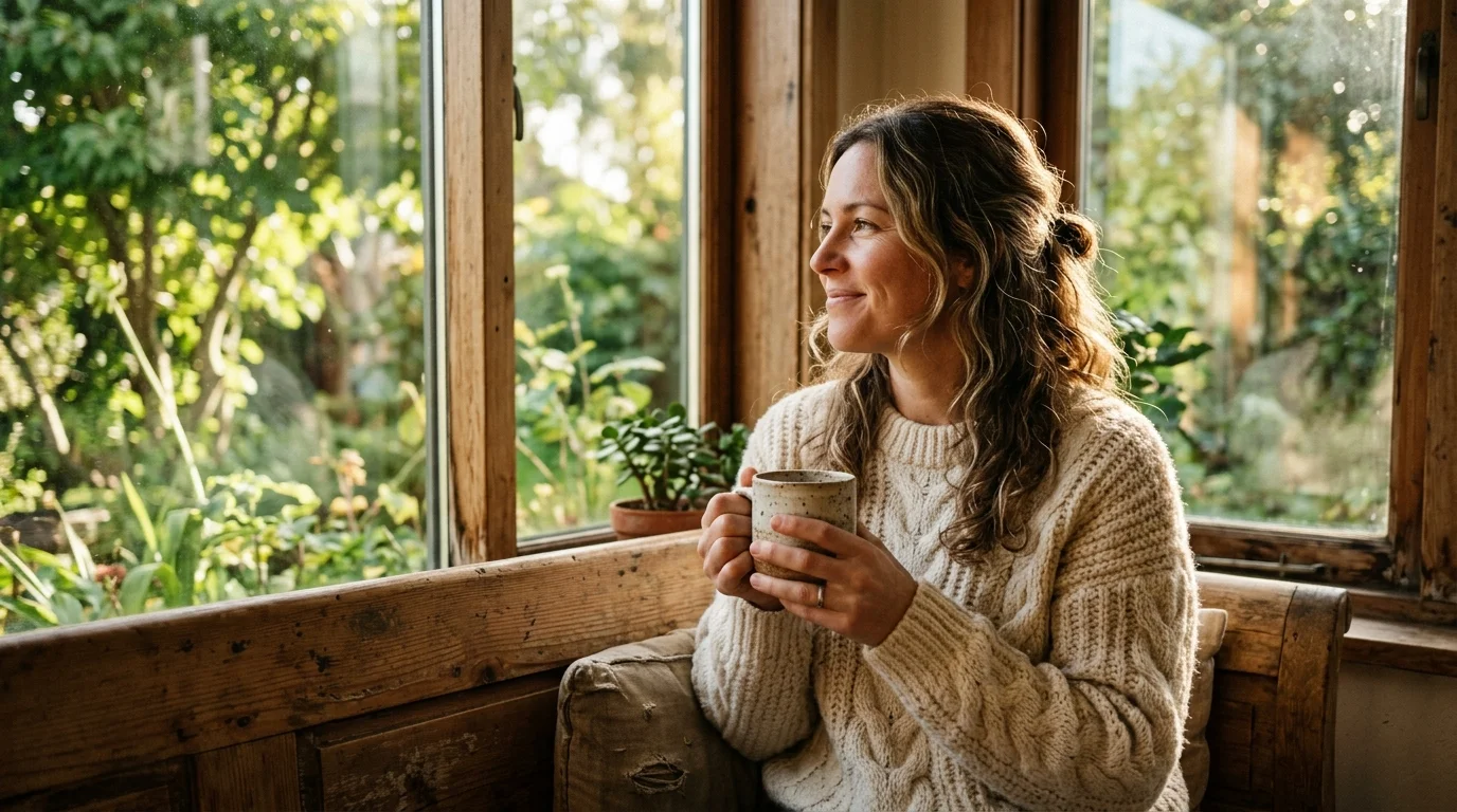 A woman in a cozy sweater sitting by a sunlit window, holding a mug with a relaxed, peaceful expression.