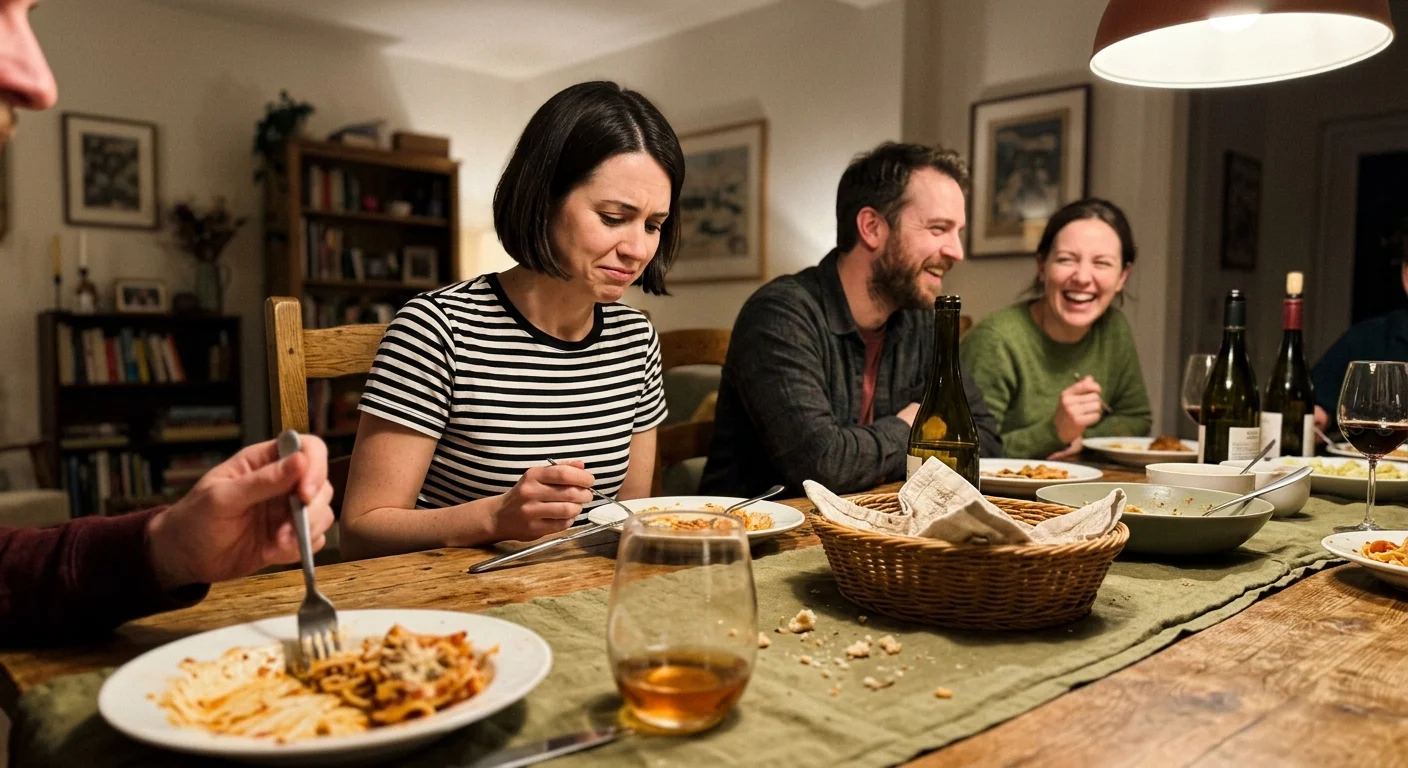 A woman looking distressed while sitting at a dinner table with other people who are smiling and laughing.