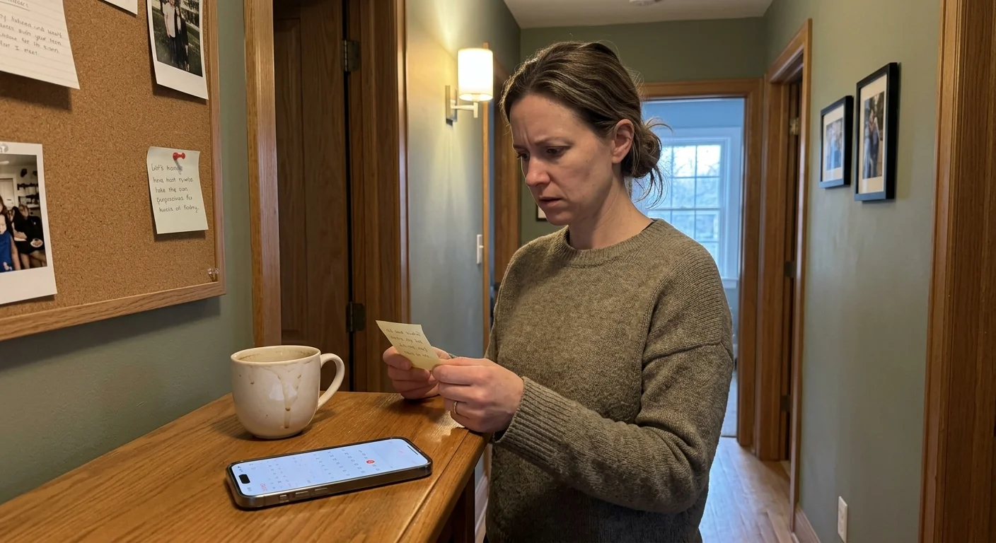 A woman looking confused while reading a small paper note in a hallway beside a mug and smartphone.