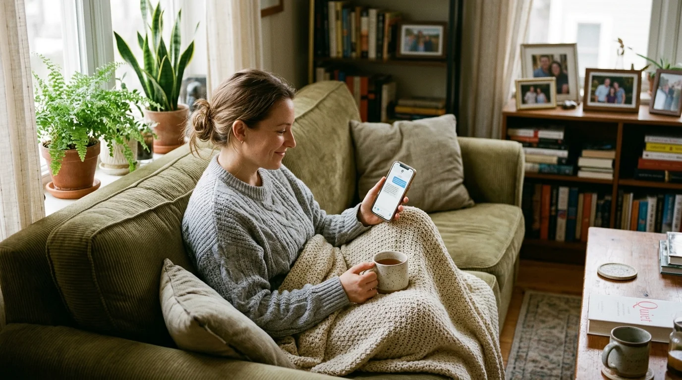 A woman resting on a cozy sofa reads a supportive text message on her phone about resting and recharging.