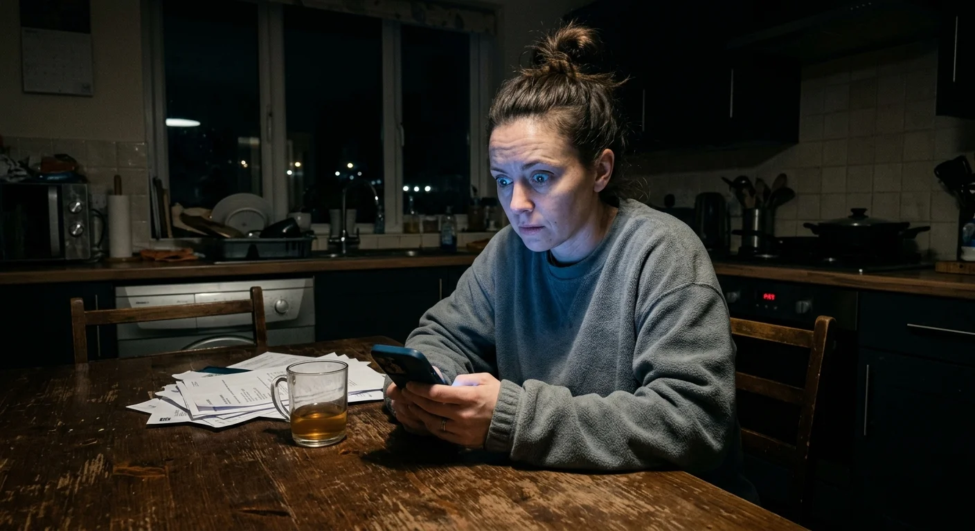 A woman sitting in a dark kitchen at night, illuminated only by the screen of her phone, waiting anxiously for a reply.