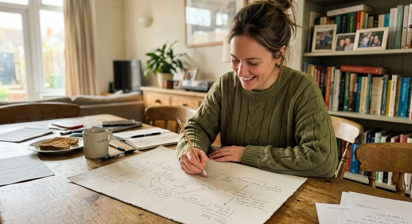 A woman smiling as she erases a mistake on a hand-drawn diagram at her kitchen table, looking relaxed.