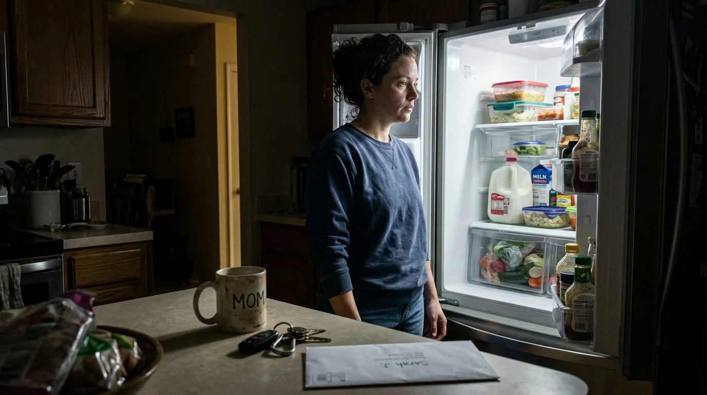 A woman stares blankly into an open refrigerator late at night, overwhelmed by decision fatigue.