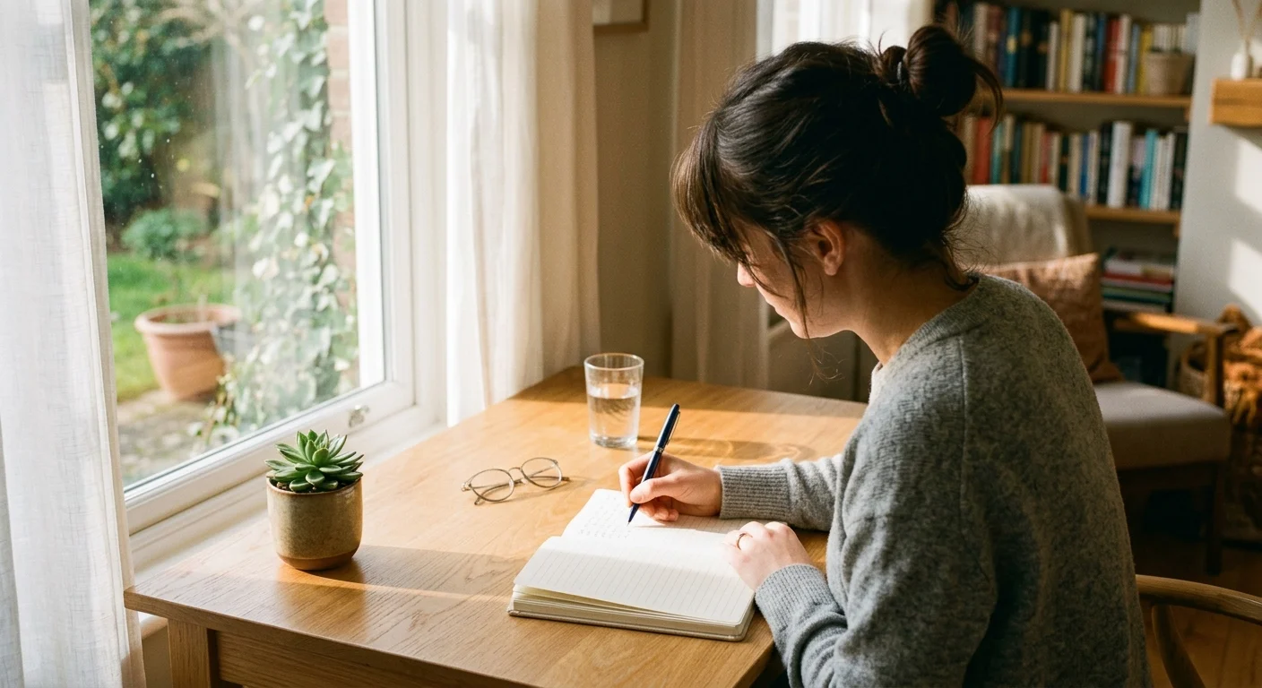 A woman sits at a wooden table beside a window, writing in a notebook with a pen next to glasses and a potted plant.
