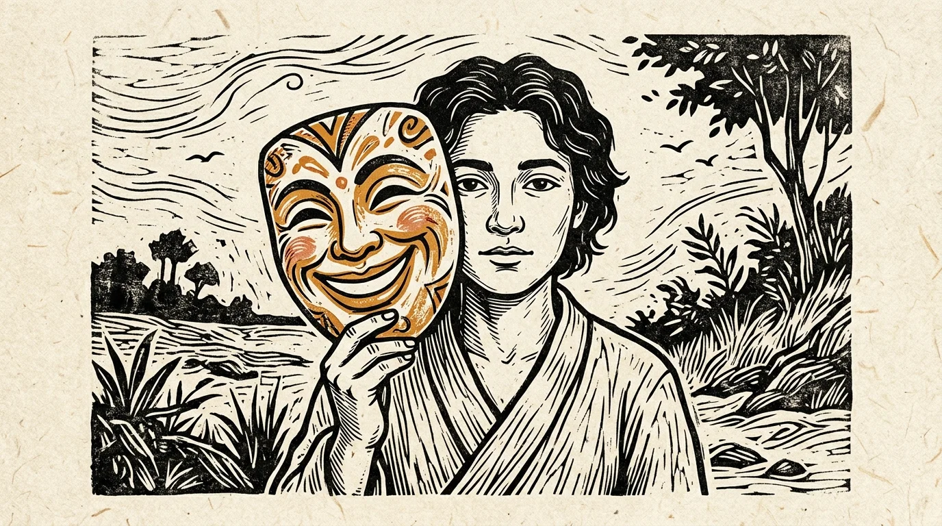 A woodcut print showing a person holding a smiling mask away from their face, revealing a calm, neutral expression underneath.