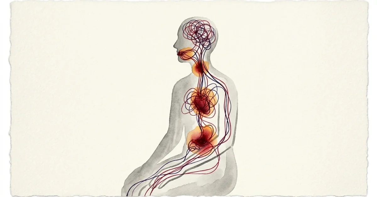 An artistic watercolor illustration of a human silhouette with colored paths of stress running from the head to the chest and stomach.