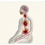An artistic watercolor illustration of a human silhouette with colored paths of stress running from the head to the chest and stomach.