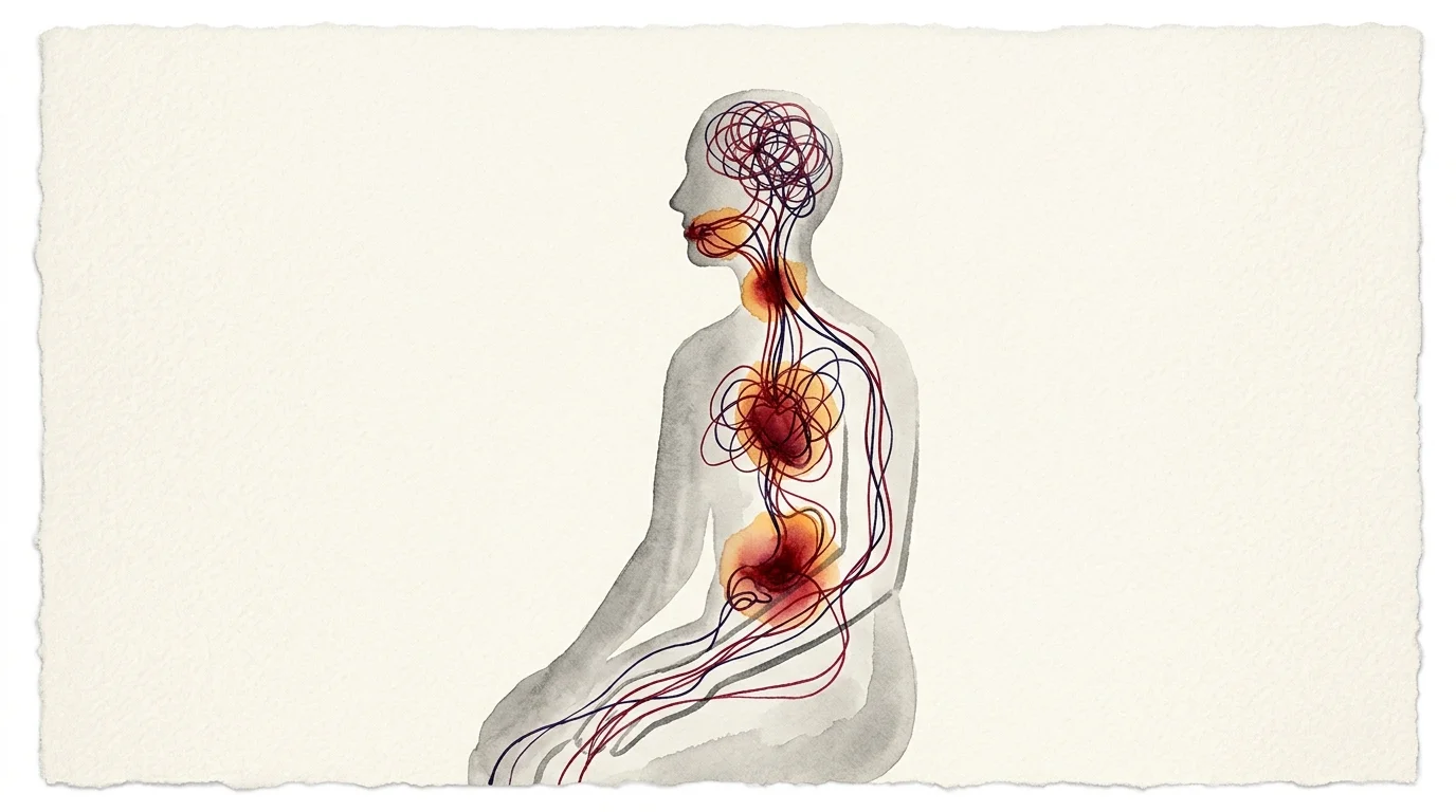 An artistic watercolor illustration of a human silhouette with colored paths of stress running from the head to the chest and stomach.