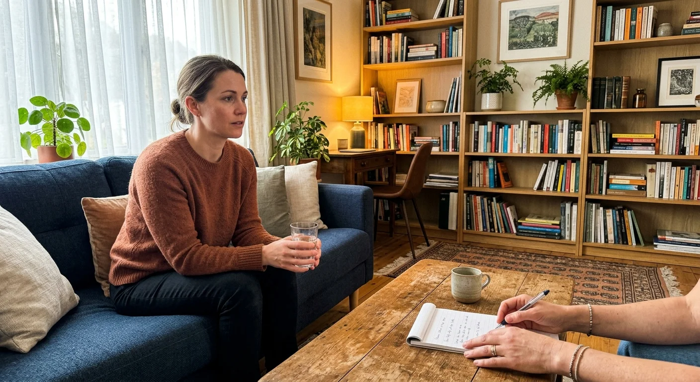 An authentic photo of a warm counseling room, showing a person sitting comfortably on a blue couch in soft, natural light.