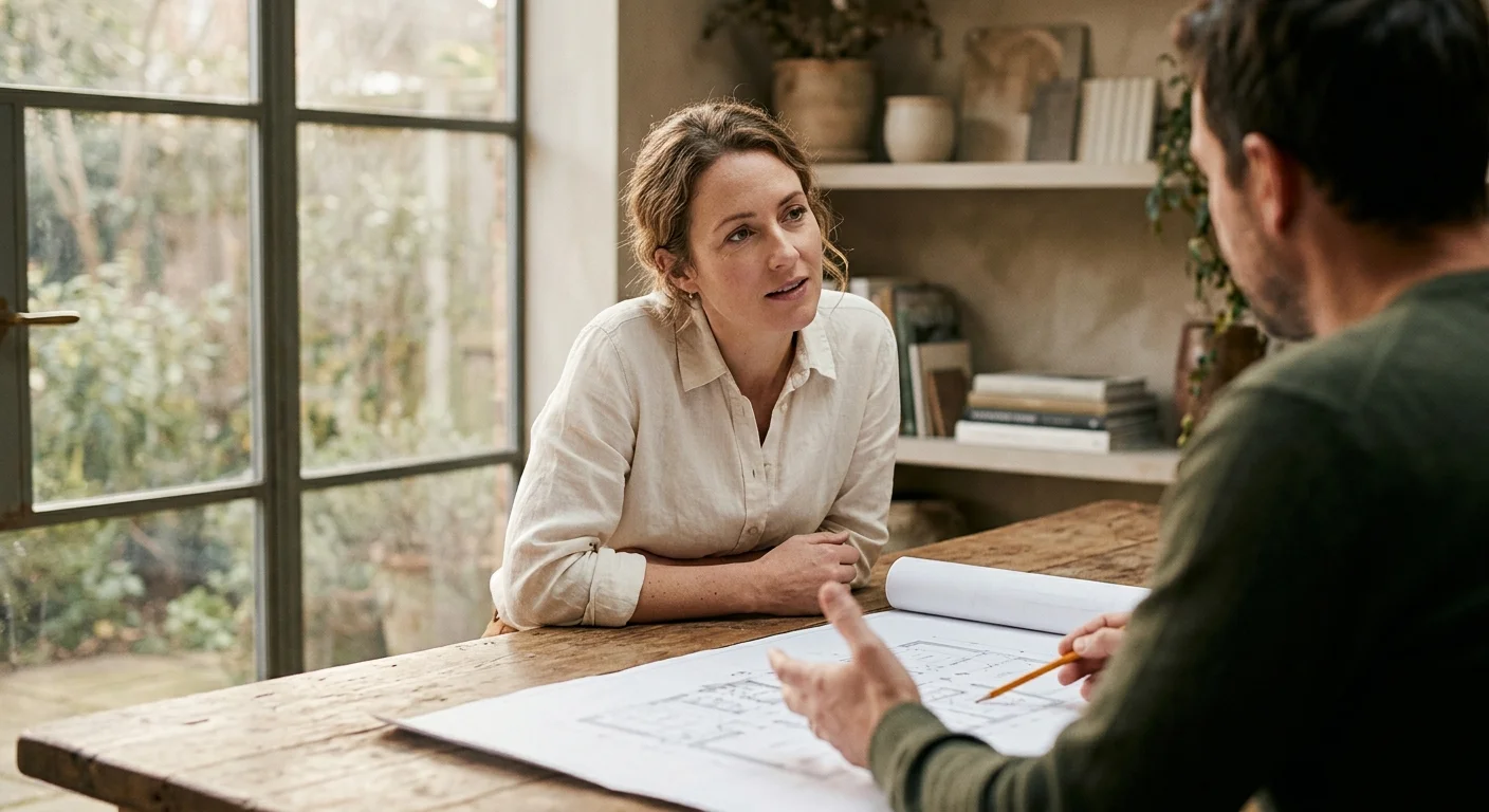 An authentic photo of a woman listening intently during a collaborative meeting in a sunlit, creative home studio workshop.