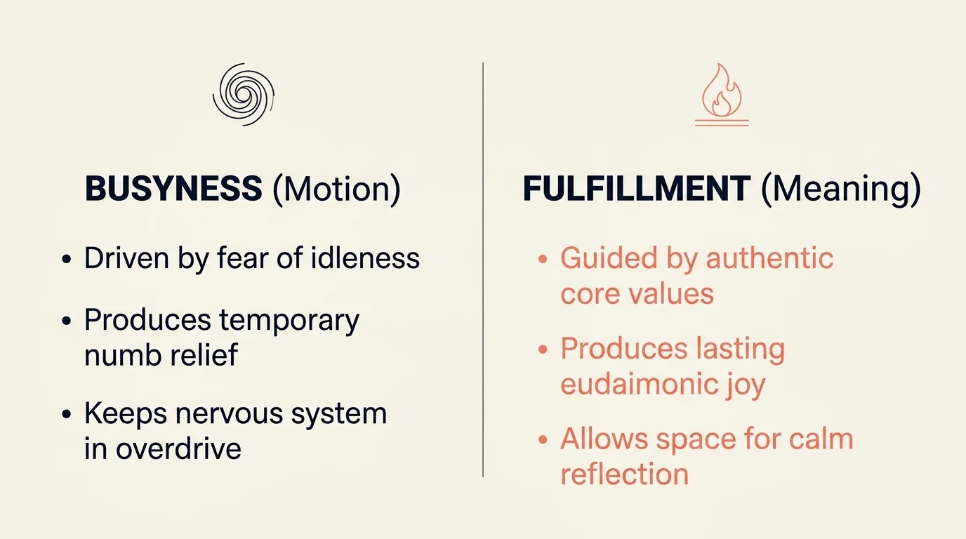 An editorial diagram comparing the characteristics of busyness versus fulfillment.