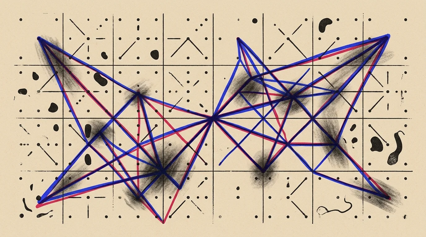 Abstract illustration of blue and red geometric lines connecting points across a grid with black dots and smudges.