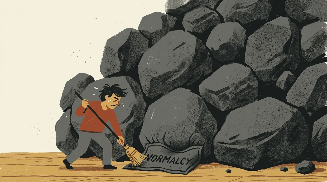 An editorial graphic showing a person trying to sweep massive boulders under a small household mat.