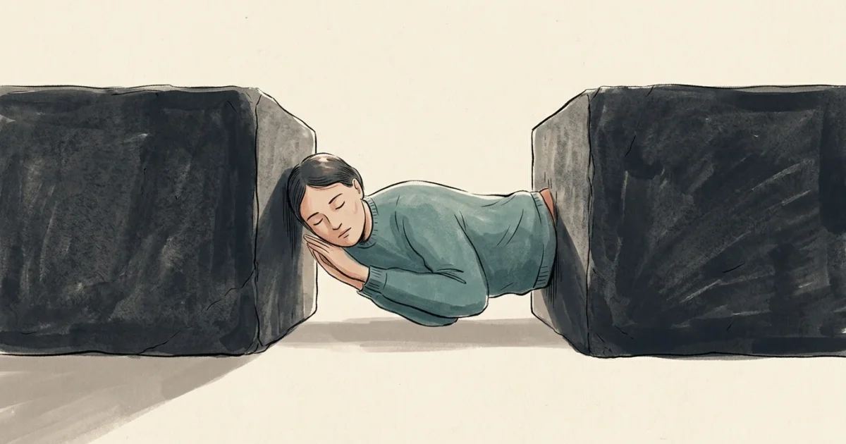 An editorial illustration of a person acting as a soft cushion between two massive colliding stone blocks, symbolizing a family mediator.