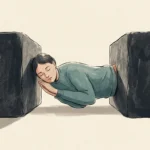 An editorial illustration of a person acting as a soft cushion between two massive colliding stone blocks, symbolizing a family mediator.