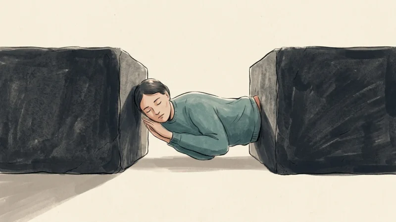 An editorial illustration of a person acting as a soft cushion between two massive colliding stone blocks, symbolizing a family mediator.