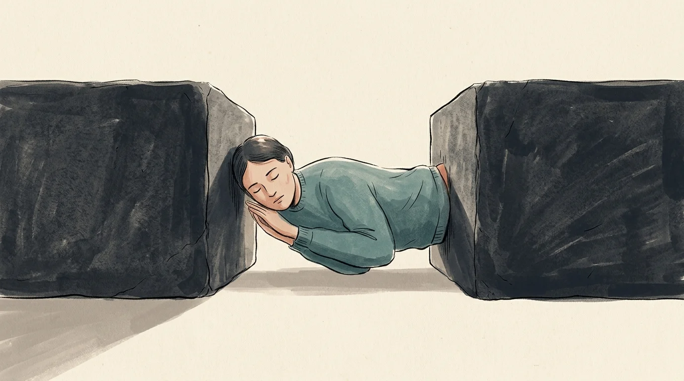 An editorial illustration of a person acting as a soft cushion between two massive colliding stone blocks, symbolizing a family mediator.