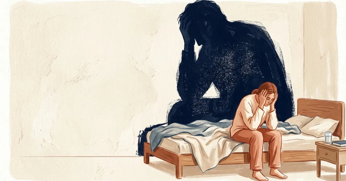 An editorial illustration of a person sitting on a bed, their shadow on the wall vast, dark, and heavy with static texture.