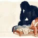 An editorial illustration of a person sitting on a bed, their shadow on the wall vast, dark, and heavy with static texture.