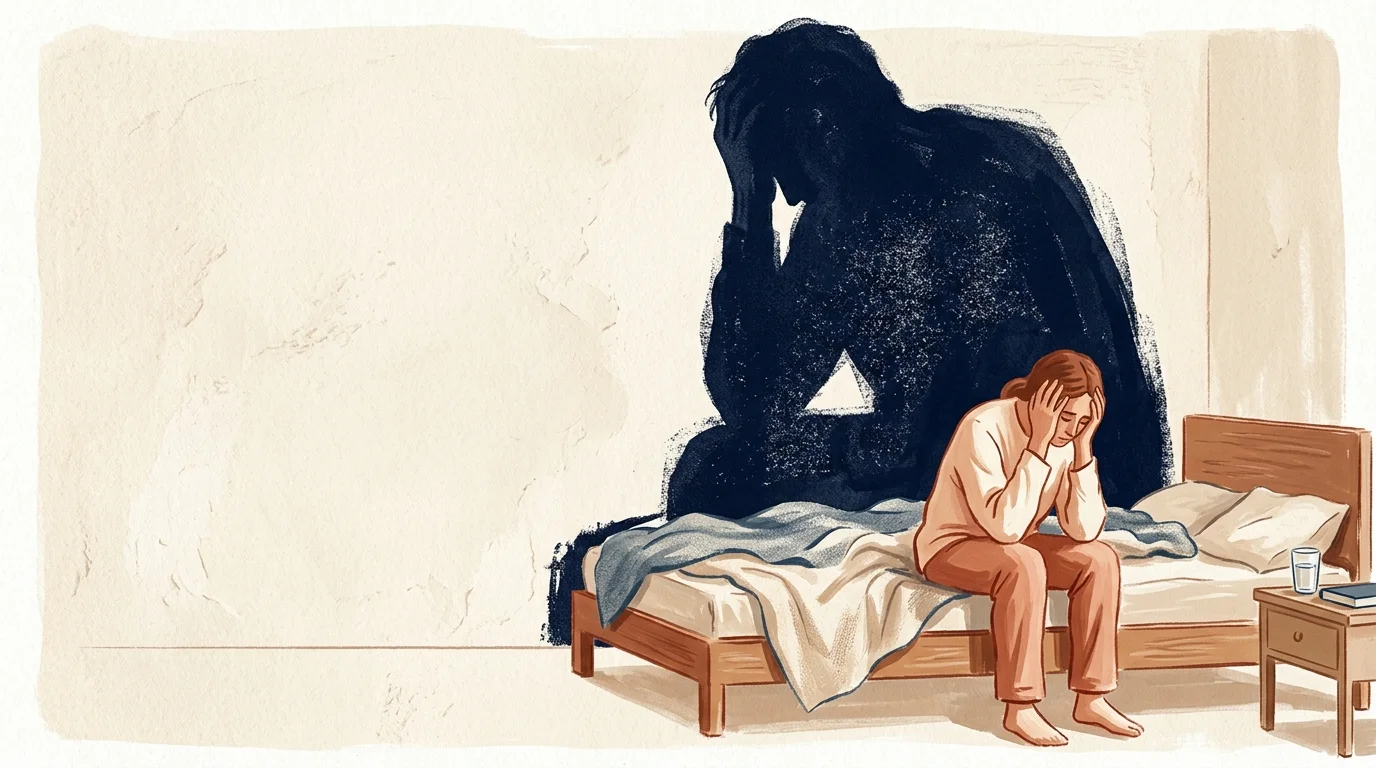 An editorial illustration of a person sitting on a bed, their shadow on the wall vast, dark, and heavy with static texture.