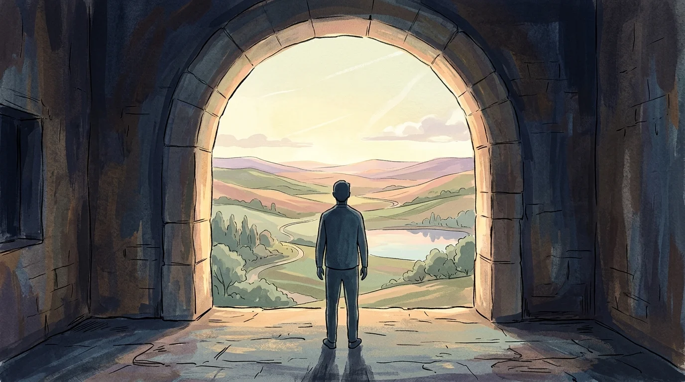 An editorial illustration of a person standing at an open archway, looking out at a soft, peaceful sunrise over hills.