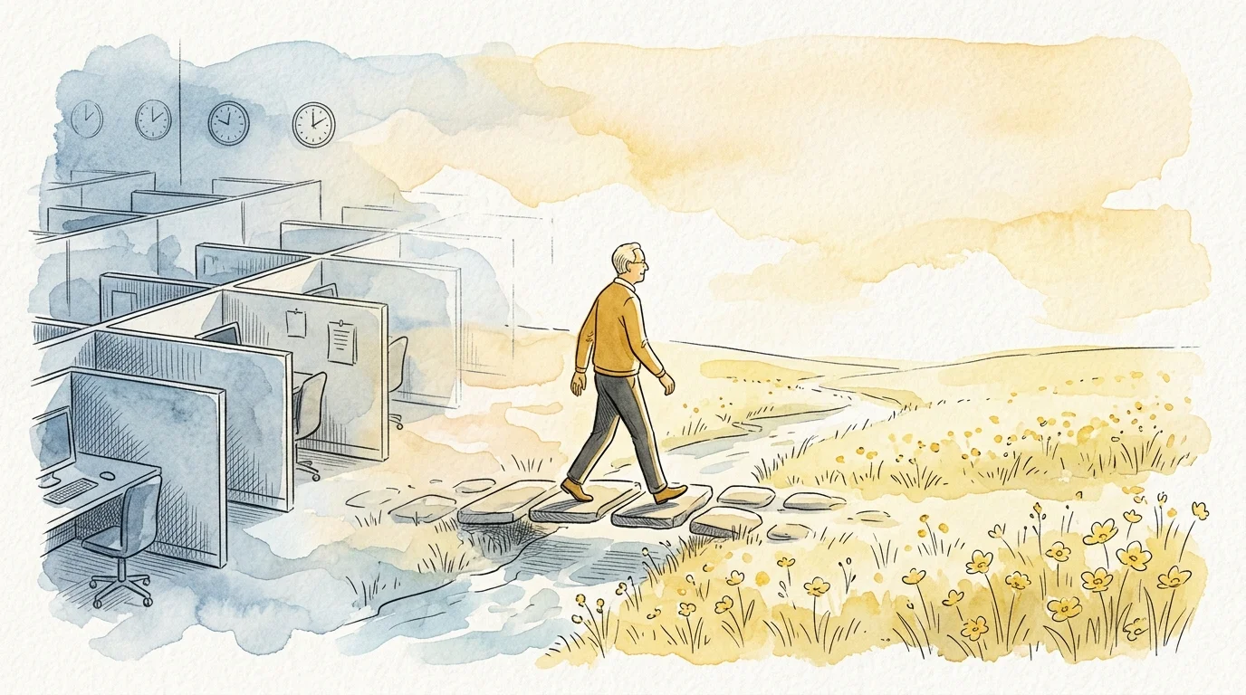 An editorial illustration of a person stepping away from a rigid corporate grid into a warm, open meadow of possibility.