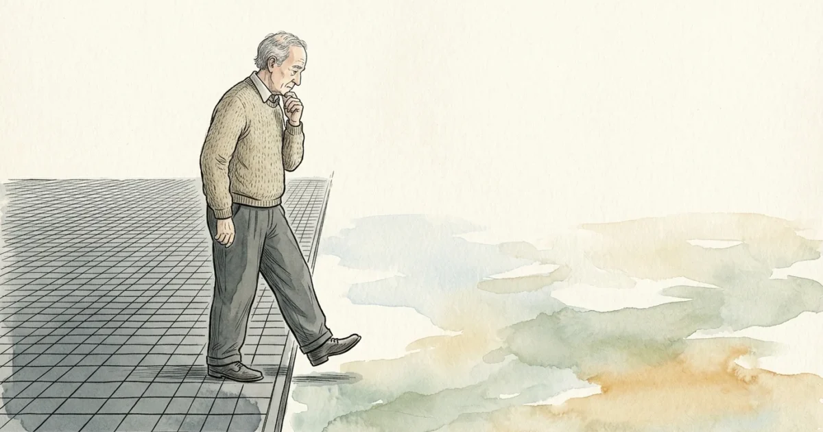 An editorial illustration of a person stepping off a rigid grid onto a soft, open watercolor field, symbolizing transition.