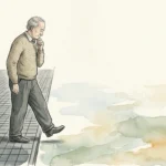 An editorial illustration of a person stepping off a rigid grid onto a soft, open watercolor field, symbolizing transition.