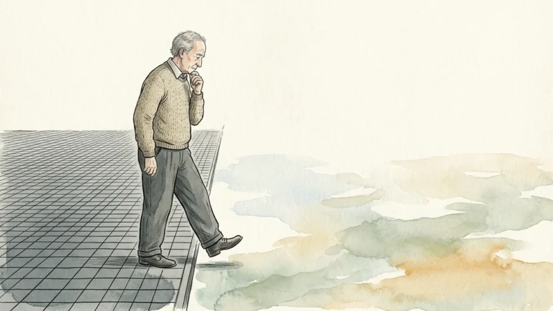 An editorial illustration of a person stepping off a rigid grid onto a soft, open watercolor field, symbolizing transition.