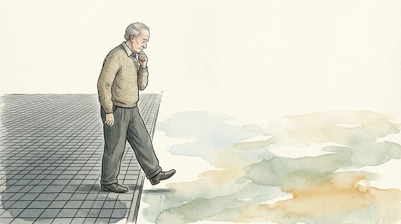 An editorial illustration of a person stepping off a rigid grid onto a soft, open watercolor field, symbolizing transition.