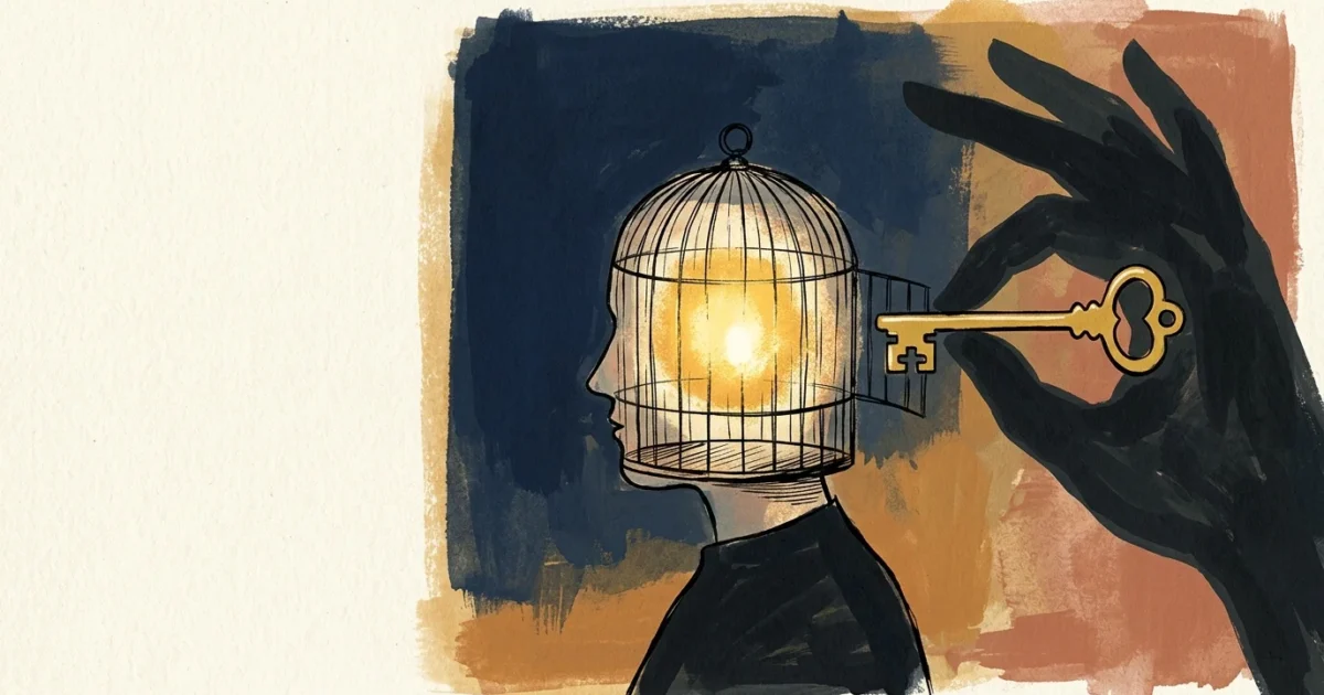 An editorial illustration of a person with a head shaped like a birdcage, watching a large shadow hand hold a key just out of reach.