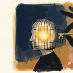 An editorial illustration of a person with a head shaped like a birdcage, watching a large shadow hand hold a key just out of reach.