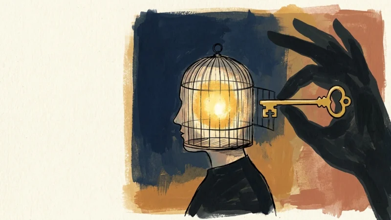 An editorial illustration of a person with a head shaped like a birdcage, watching a large shadow hand hold a key just out of reach.