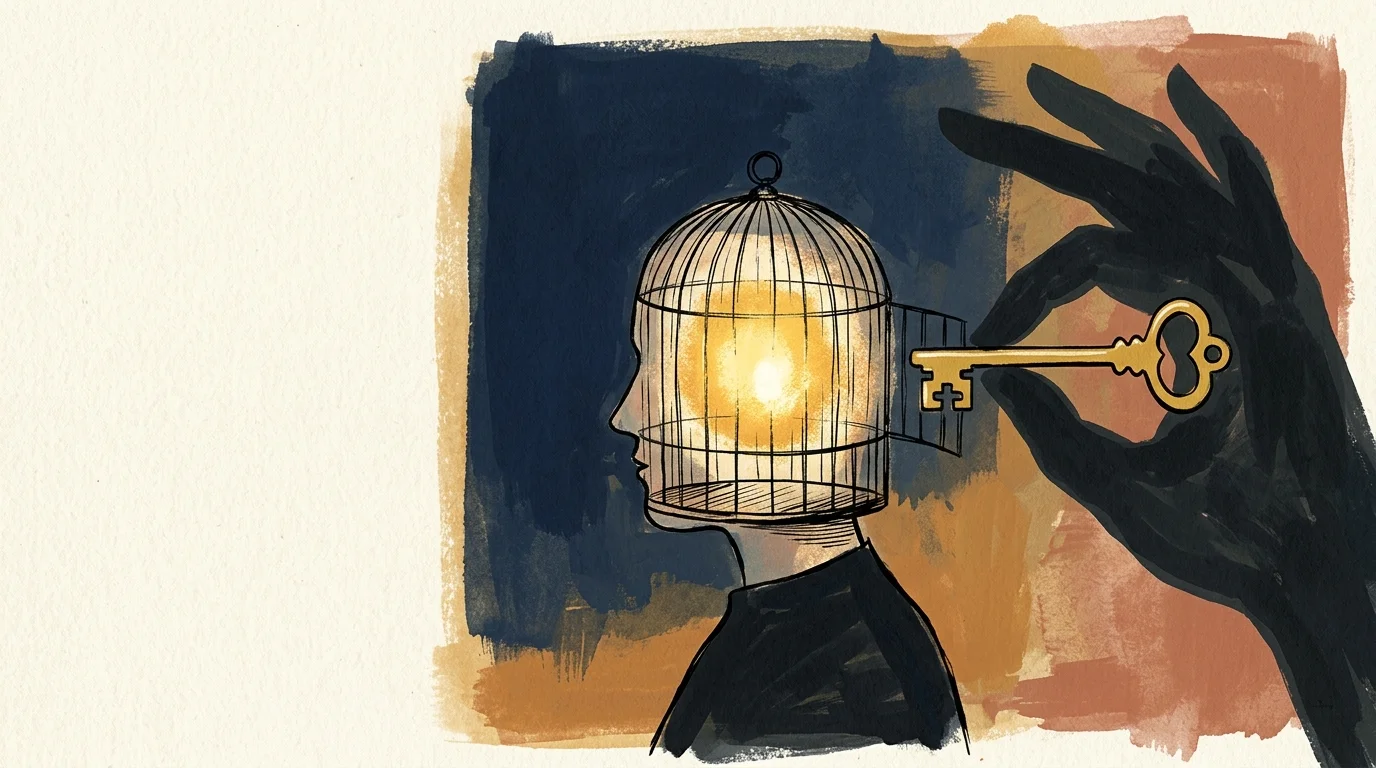 An editorial illustration of a person with a head shaped like a birdcage, watching a large shadow hand hold a key just out of reach.
