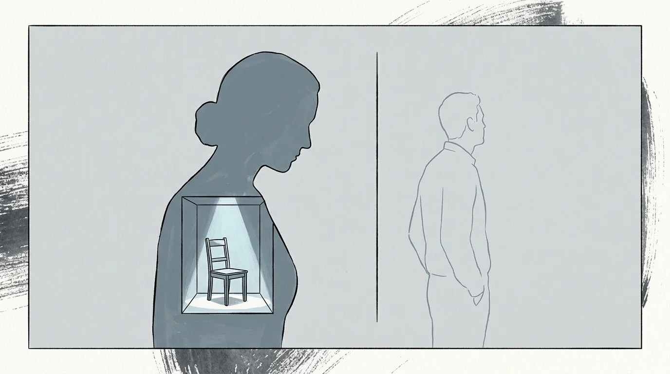 An editorial illustration of a person's silhouette containing an empty chair, representing the internal vacancy of ambiguous loss.