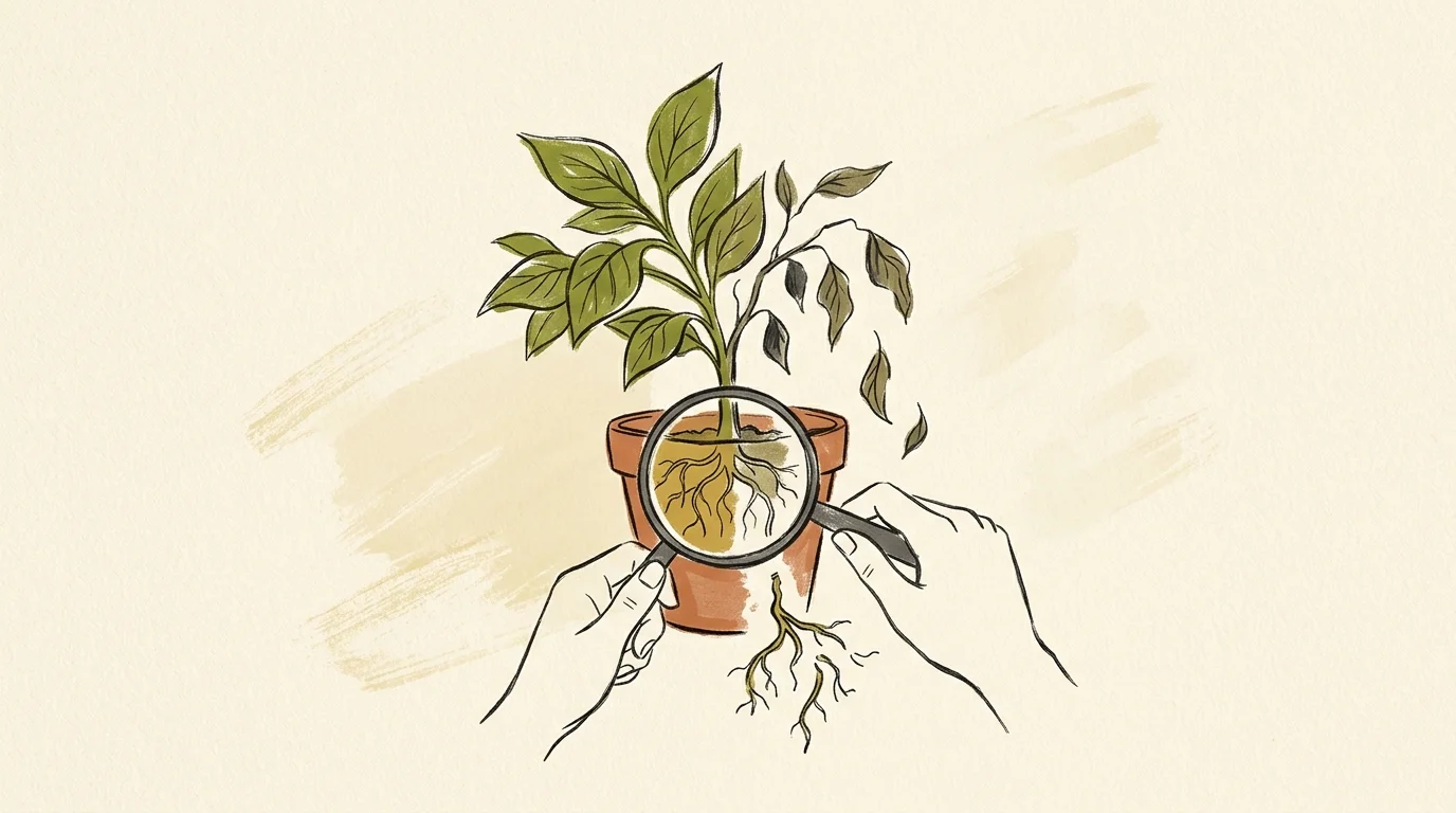 An editorial illustration of a potted plant that looks upright but has disconnected roots visible under a magnifying glass.