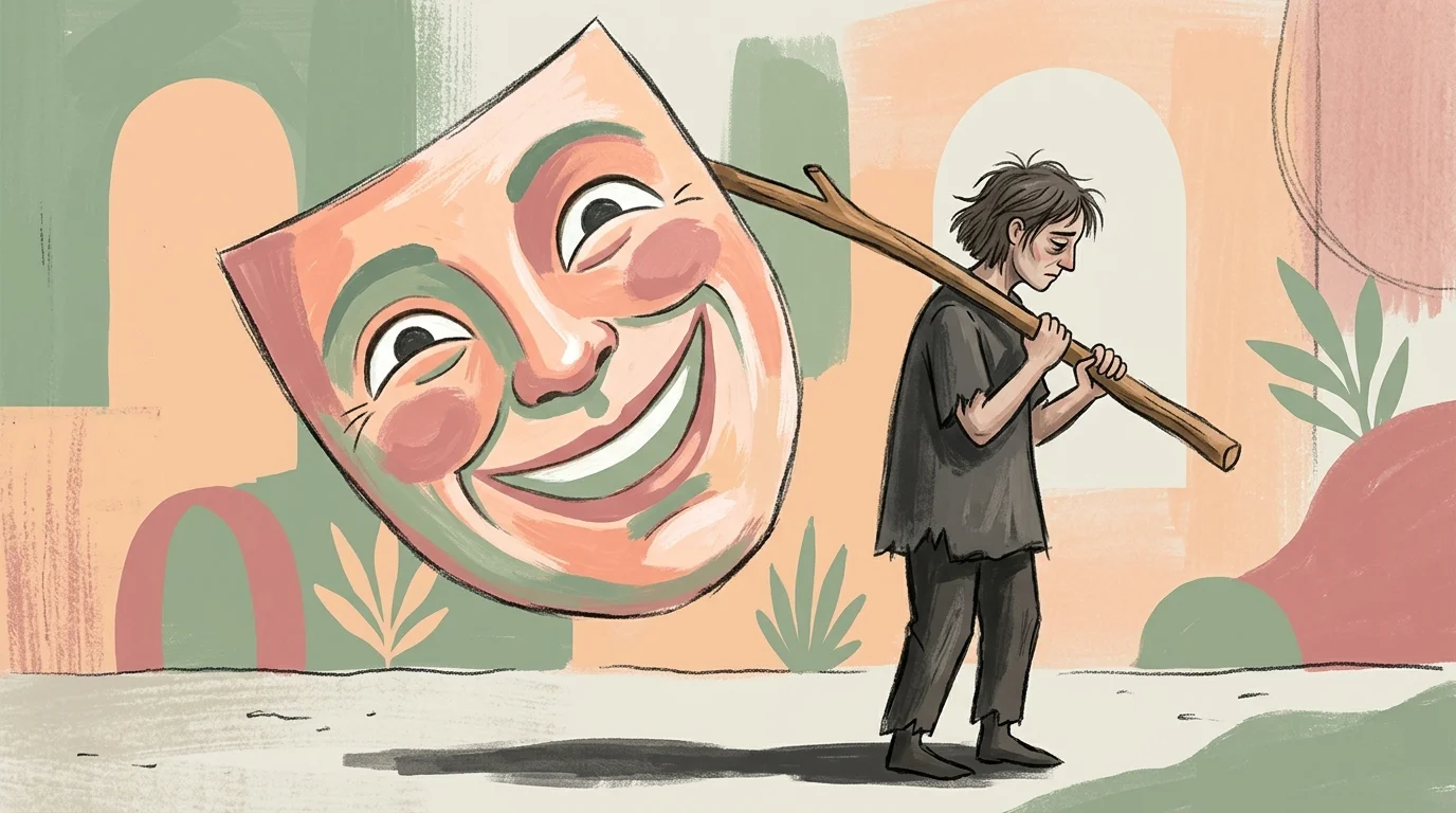 An editorial illustration of a tired person holding up a massive, smiling paper mask to hide their true, exhausted expression.
