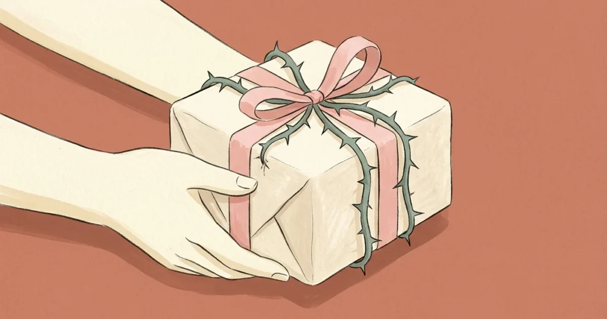 An editorial illustration of hands holding a gift box where the elegant pink ribbon turns into sharp, thorny brambles.