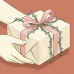 An editorial illustration of hands holding a gift box where the elegant pink ribbon turns into sharp, thorny brambles.